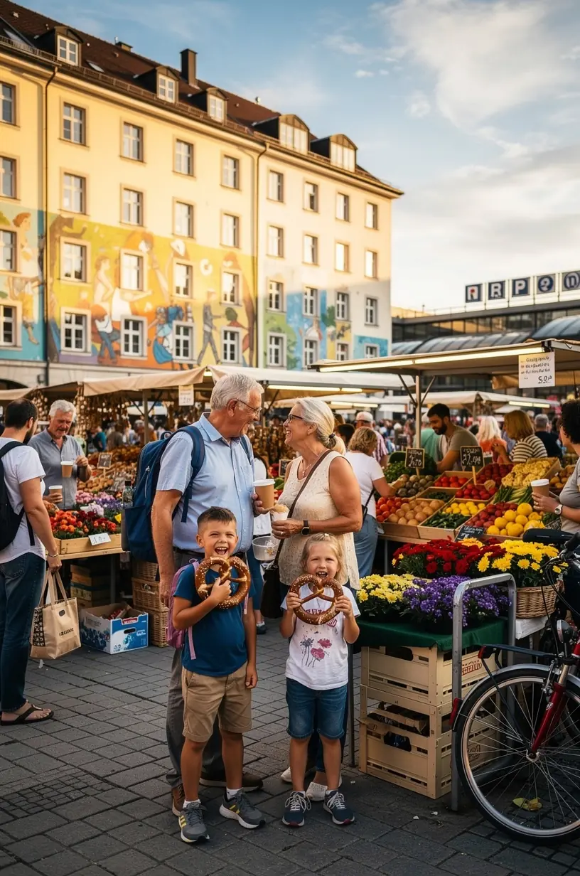 Abendliche Skyline einer deutschen Großstadt mit beleuchteten Bürogebäuden und Freizeitmöglichkeiten im Vordergrund.